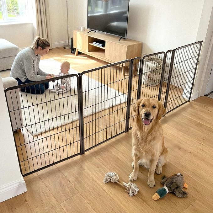 FXW Dog Gate Extra Wide Designed for Indoor Use, Adjustable Width Up to 111-inch Wide (40" H 4 Wire Panels for Medium and Large Dogs), Black