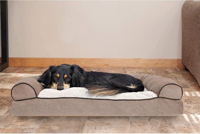 Furhaven Pillow Dog Bed for Medium/Small Dogs w/ Removable Bolsters & Washable Cover - Sherpa & Chenille Sofa - Cream, Medium
