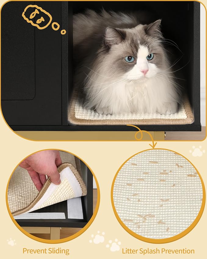 Hzuaneri Cat Litter Box Enclosure,Hidden Litter Box Furniture with Storage, Large Wooden Cabinet with Sisal Mat, Modern Cat Washroom for Living Room, Bedroom, Entryway, Black and Gold CB01504G