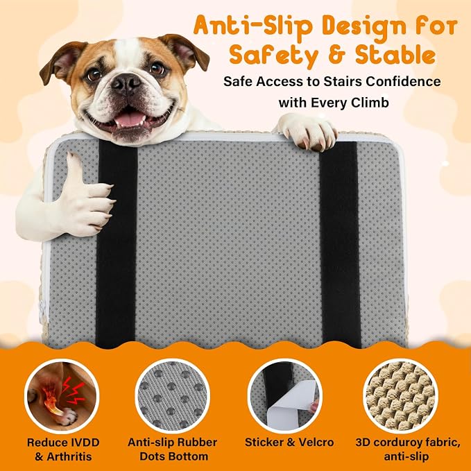JoyBlooms Dog Ramp for Stairs for Small & Senior Dogs Cats, 40D Density Foam Gentle Slope Non-Slip Dog Stair Ramp with Glow Strip, Pet Ramp with Removable Washable Cover Brown-3pcs