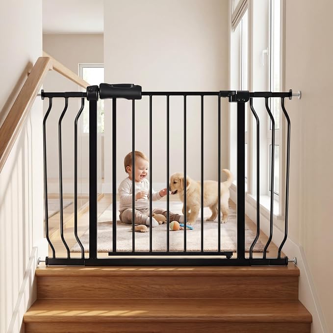 Extra Wide Baby Gate Tension Indoor Safety Gates Black Metal Large Pressure Mounted Pet Gate Walk Through Long Safety Dog Gate for The House Doorways Stairs (38.58"-43.31"/98-110CM, Black)