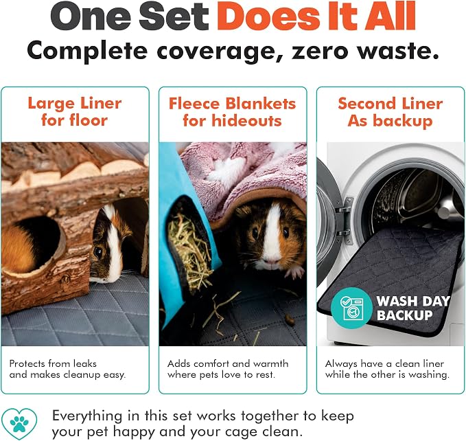 LUFTPETS Reusable Guinea Pig Cage Liners 5 Pcs - 2 Washable Midwest Pee Pads 47"x24" & 3 Soft Bunny Fleece Blankets 24"x16", Waterproof Rabbit Bedding with Odor Control, Absorbent Small Pet Mats