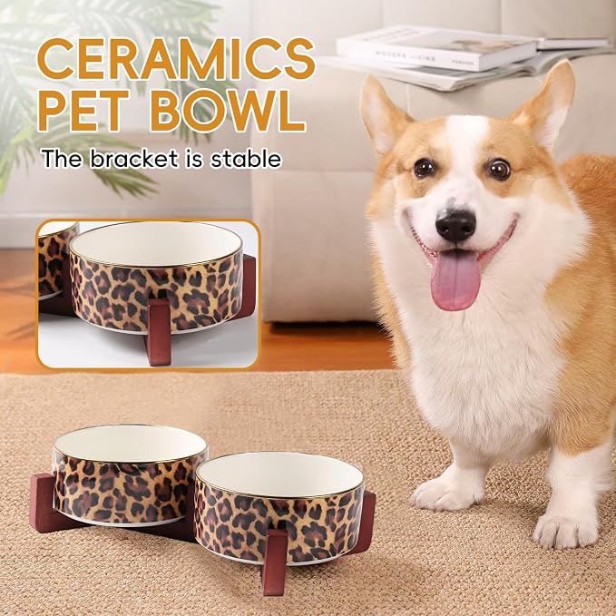 Dog Bowl Set with Wood Stand, Non-Slip Anti-Tip Elevated Design, Double Ceramic Animal Food Water Cat Bowls, Suitable for Large/Medium Sized Dog Pet Feeder Dish Station - 32 OZ, Leopard Print