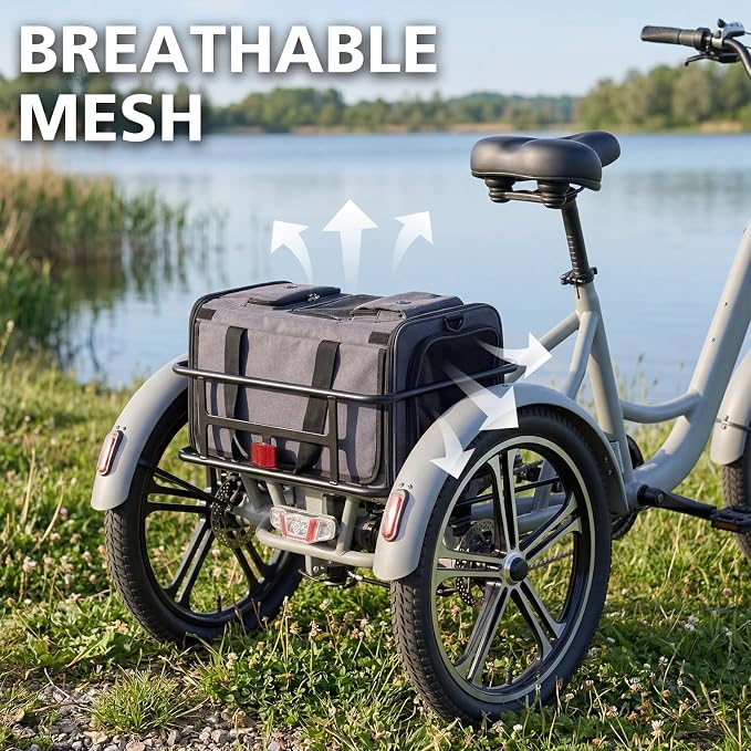 Bike Pet Bag for Tricycle, Foldable Rear Basket Bag with Mesh Ventilation & Secure Straps for E-Trike, Waterproof Polyester, Quick-Release Pannier, for Small Dogs & Cats up to 22 Lbs