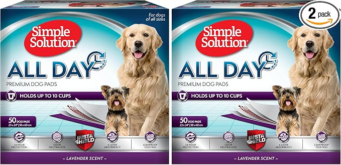 Simple Solution All Day Dog Pads, Disposable Puppy Training Pads with Lavender Scent, Leak Proof Pet Pee Pads for Indoor Potty Training, Odor Control, Quick Dry Floor Protection, 23"x24", 50 Count