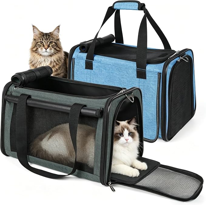 YUDODO 2 Packs 25 lbs Lightproof Soft Sided Pet Carrier for Large Cat & Small Dog Airline Approved Travel Bag Puppy Carriers with Side Pockets & Reflective Mesh, Foldable Portable Lake Blue+Grey Green
