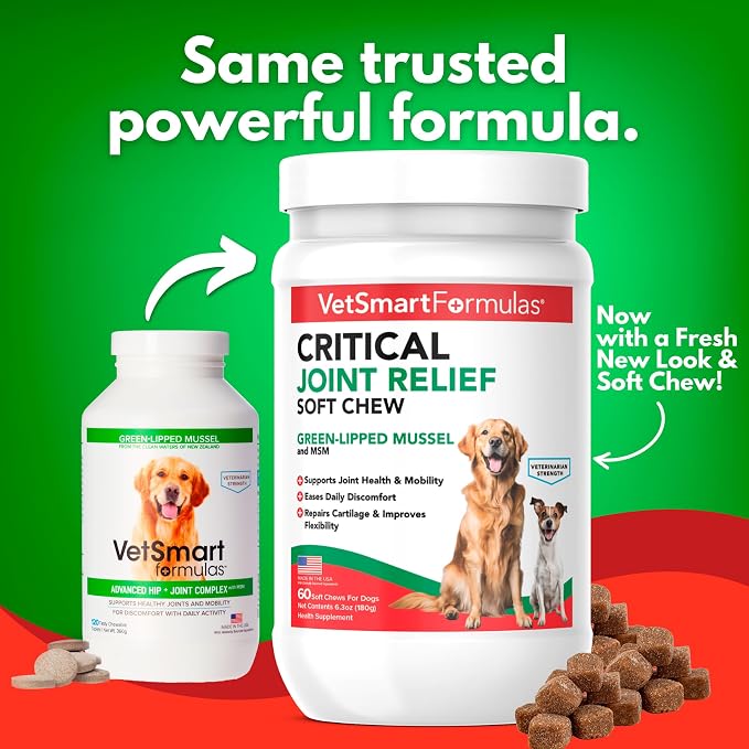 VetSmart Formulas Critical Joint Relief Soft Chew for Dogs – Hip & Joint Supplement with Glucosamine, MSM, Green-Lipped Mussel – Joint Discomfort, Hip Dysplasia & Mobility Support, Made in USA