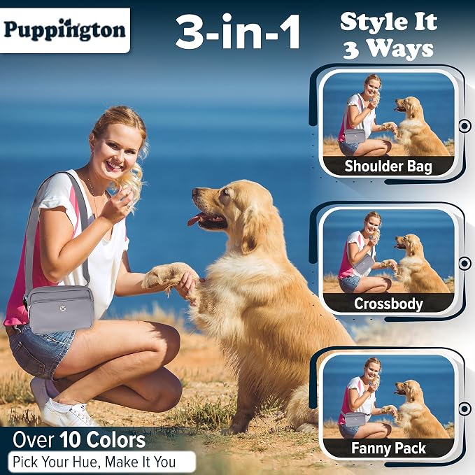 Puppington 3-in-1 Crossbody & Dog Treat Pouch for Pet Training - Matching Compostable Poop Bags, Built-In Poop Bag Dispenser & Slow-Feeding Travel Dog Bowl - Dog Walking Bag (Charcoal Gray)