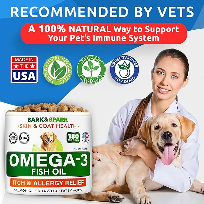 BARK&SPARK Omega 3 for Dogs and Cats-180 Fish Oil Treats for Dogs & Cats Shedding, Skin Allergy, Itch Relief, Hot Spots Treatment-Joint Health-Skin and Coat Supplement-EPA & DHA Fatty Acids-Salmon Oil