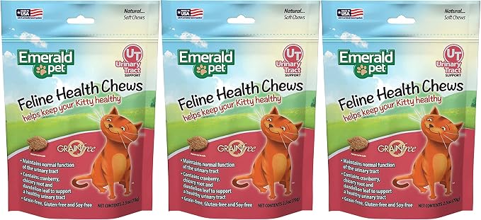 Emerald Pet 3 Pack of Urinary Tract Support Feline Health Chews, 2.5 Ounces Each, Grain-Free, Made in The USA