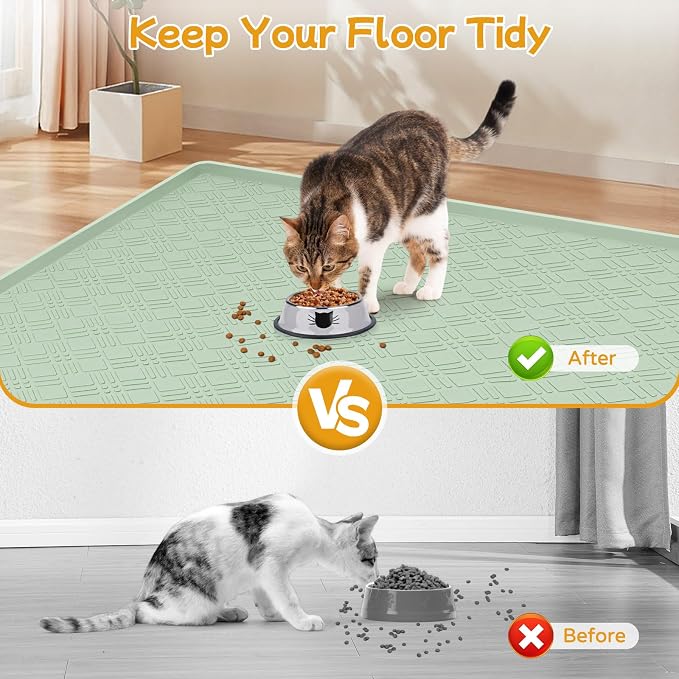 Cat Food Mat, 42" x 29" Large Silicone Mat Cat Feeding Mat with Raised Edge Non-Slip Pet Feeding Mat for Food and Water Bowl, Easy to Clean, Floor Protection (Light Green)