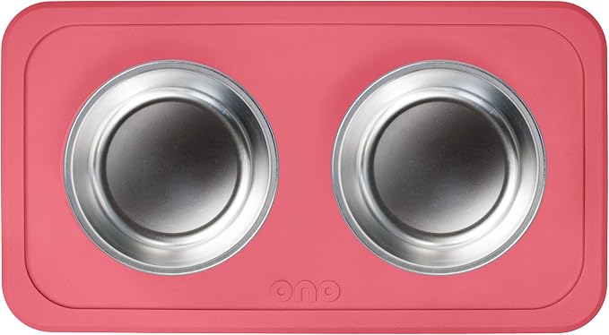 Ono Good Bowl Food & Water Double Feeder - Small to Medium Pets No Spill Non Skid Silicone Mat & Stainless Steel Bowls for Dogs or Cats (Coral)