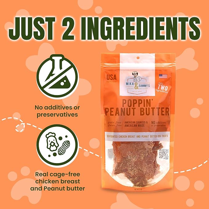 Mika & Sammy's Gourmet Chicken Jerky Dog Treats Made in USA - Poppin' Peanut Butter - 5oz Bag