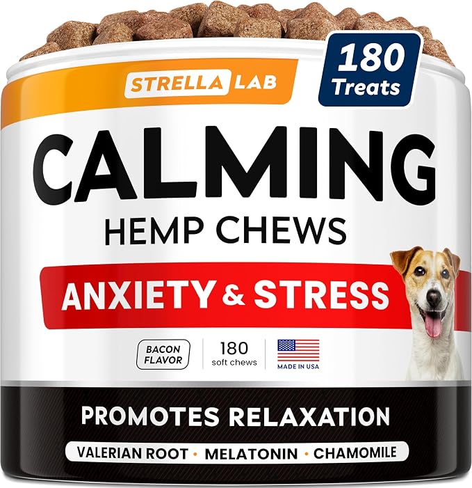 STRELLALAB Hemp Calming Chews for Dogs - Melatonin Dog Treats - Anxiety Relief - Calming Chews - Sleep & Stress Aid for Separation - 180 Treats