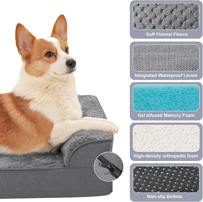 Rainmr Orthopedic Dog Beds for Large Dogs, Memory Foam Dog Beds Large Sized Dogs, Washable Removable Cover, Nonskid Bottom, Waterproof, for Indoor, Outdoor, Crate ＆ Car Use, 44x32x6 Inches, Dark Grey