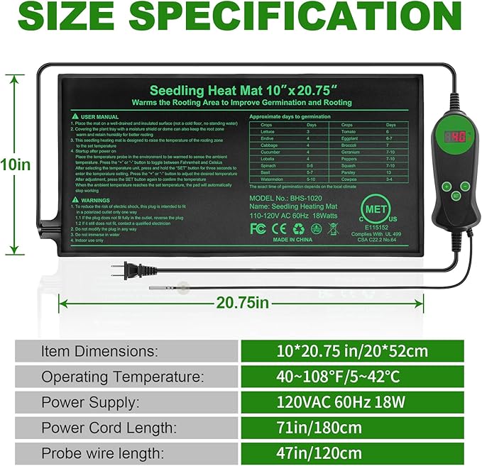 GOLOPET Seedling Heat Mat with Thermostat Pack of 1, Dual Certified by MET and UL Plant Heating Mat Pad Equipped with A Temperature Probe, It Automatically Maintains A Constant Temperature
