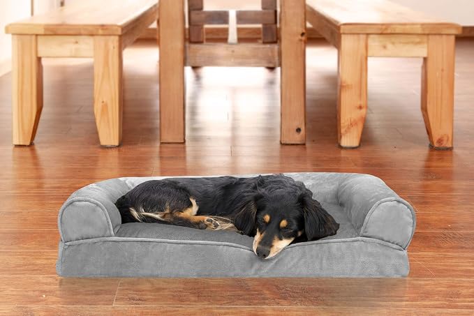 Furhaven Pillow Dog Bed for Medium/Small Dogs w/ Removable Bolsters & Washable Cover - Faux Fur & Velvet Sofa - Smoke Gray, Medium