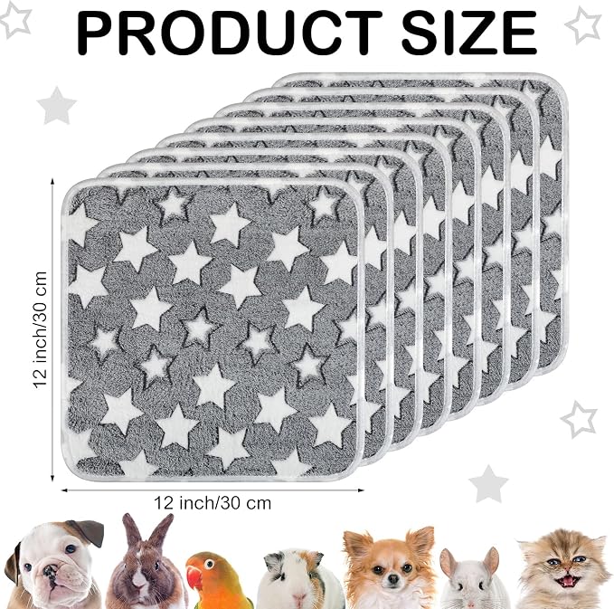 Tudomro 8 Pcs Absorbent Guinea Pig Blankets Washable Small Animal Fleece Bedding Cage Liners Reusable Pet Sleep Mat Pad Cover for Ferret Chinchilla Furniture Protection(Grey Star,12 x 12 Inch)
