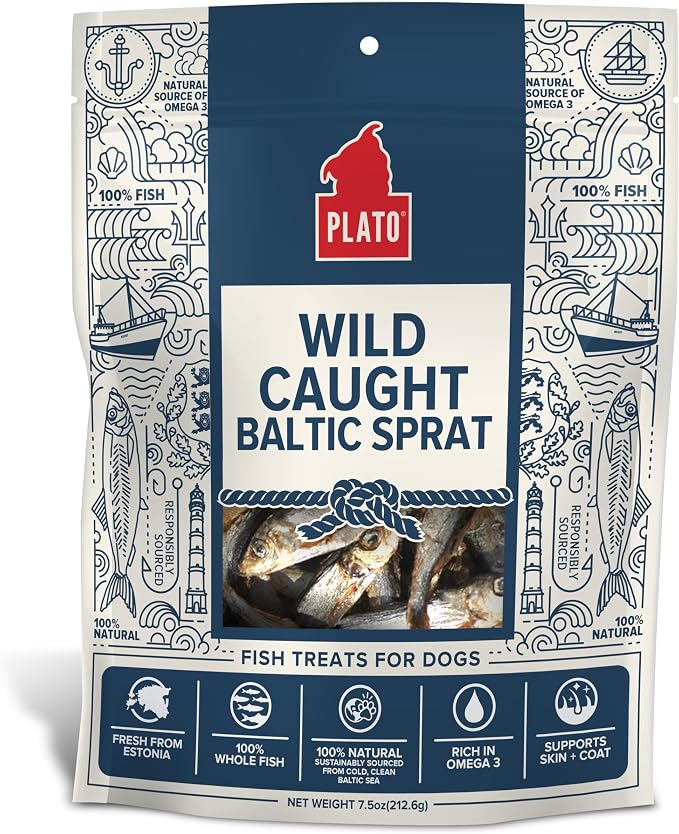 Plato Pet Treats Fish Dog Treats - Air-Dried, Single Ingredient Dog Treat - with Omega 3 & 6 Fatty Acids to Support Skin and Coat - 100% Whole Fish - Wild Caught Baltic Sprat Dog Treats - 7.5 oz