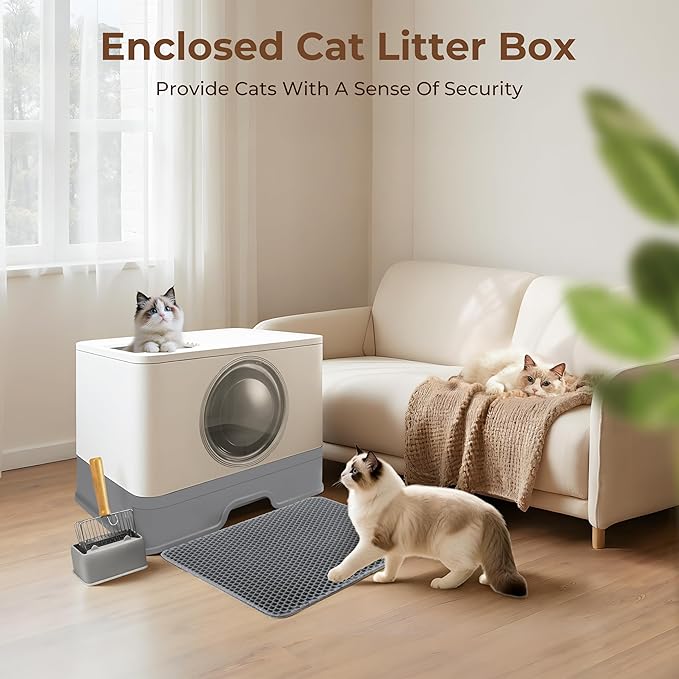 XXXL Stainless Steel Litter Box with Lid, Front Entry & Top Exit, Drawer Design, Scoop & Mat, for Maine Coon, Big & Multi-Cat Homes
