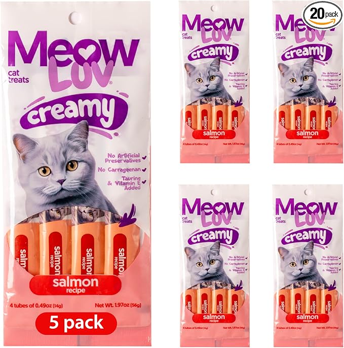 Ultra Chewy Meow Luv Lickable Cat Treats — Salmon Flavor Squeeze Tubes — Carrageenan Free, No Artificial Preservatives — Prebiotic Fiber, L-Taurine & Milk Thistle — 0.5 oz Tubes, Pack of 5