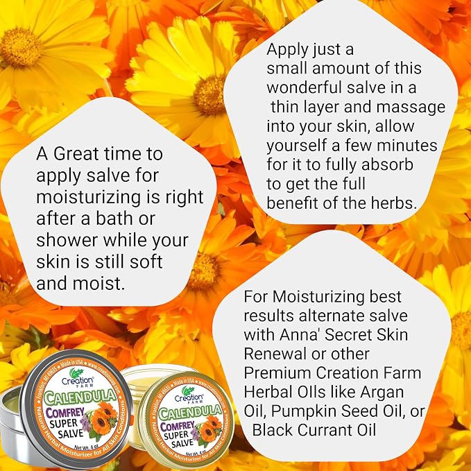 Calendula Comfrey Super Salve by Creation Farm, Herbal Balm, Moisturizer, and Ointment with No Gluten, Soy, GMO or Parabens, Made in USA Comforts many issues.
