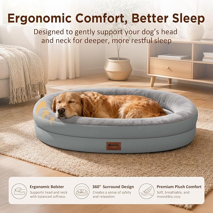 Orthopedic Dog Bed for Large Dogs, Waterproof Dog Bed for Large Size Dogs with Bolsters, Egg Crate Foam Sofa Bed with Washable Removable Cover & Non-Slip Bottom, Silver