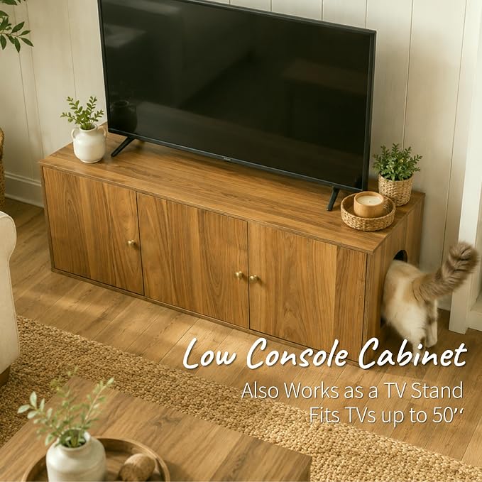 Cat Litter Box Enclosure Furniture with Storage, Hidden Litter Box Cabinet 42.5"L x 18.5"W x 16.9"H Double as Cat House TV Stand End Table for Living Room, Midcentury Modern Style (Oak, Plain Doors)