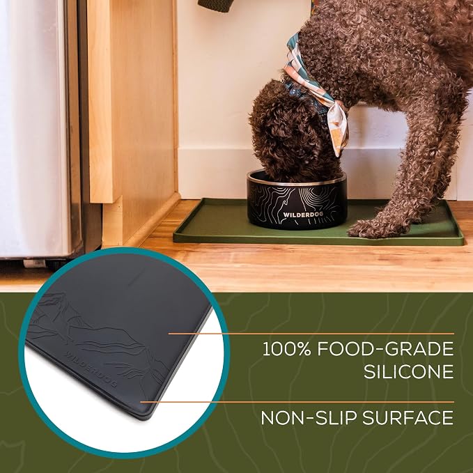 Wilderdog Silicone Pet Placemat Made with 100% Food-Grade Silicone Cone, BPA, PVC, and Phthalate-Free. Non-tocix, Dishwasher Safe Feeding mat for Bowls with Spill Catcher and Raised Mountain Logo