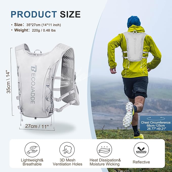 BECOJADDE Running Vest Hydration Backpack for Men Women, 5L Lightweight Running Backpack Hydration Pack for Marathon, Trail, Cycling, Hiking, Jogging