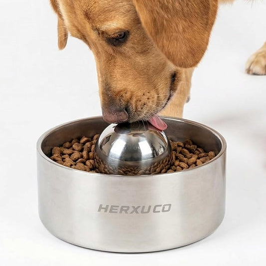Stainless Steel Dog Slow Feeder Set – 2-in-1 Pet Bowl 42oz & Slow Feeder Ball 3in – Spherical Design Slows Eating & Use Separately or Together (Medium)