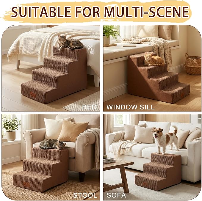 2 Pack Dog Stairs for Small Dogs 4-Step Pet Stairs for Bed Couch Chair Stool Non-Slip Pet Steps for Puppy Small Dogs Cat Older Pet Brown 17.7" H