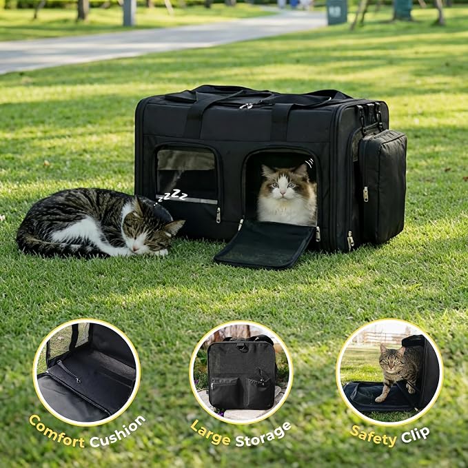 Extra Large 3-in-1 Cat Carrier for 2 Cats, with Removable Divider, Superior Ventilation, Portable Soft Sided Double Cat Carrier Large, Hair Removal Glove, 2*Bowl, Extra Side Storage Bag Included