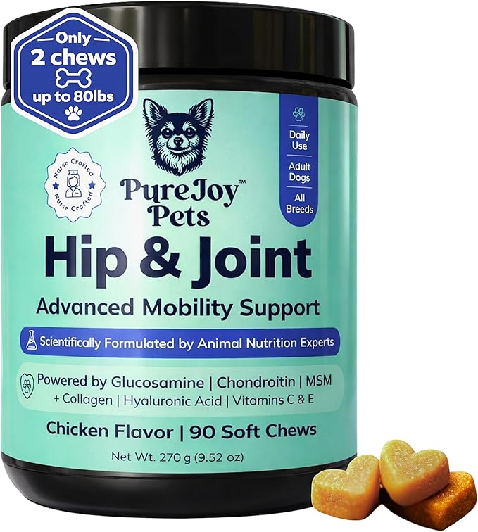 Advanced Hip & Joint Chews for Dogs - Glucosamine, Chondroitin, MSM & Collagen - Joint Support & Daily Mobility for Senior, Adult, Large & Small Dogs - 90 Soft Chews, Chicken Flavor.