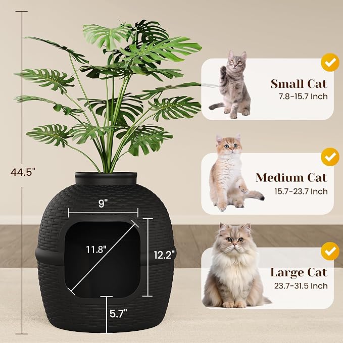 FansaFurn Hidden Litter Box with Faux Plant, Large Cat Litter Box with Rattan Pattern, Heavy Duty PP Material Litter Box Enclosure Furniture for Home Decor, Black