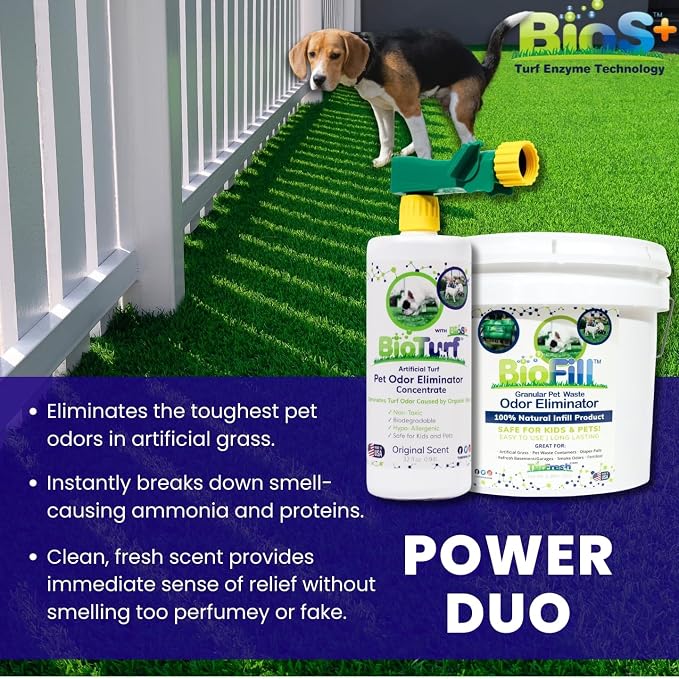 BioTurf Mini Power Pack Turf Cleaner for Pet Urine Outdoor - Artificial Turf Cleaner Concentrate - Yard Deodorizer for Dog Urine & Feces - Enzyme Kennel Odor Eliminator 32 oz Spray & 8 lb Infill