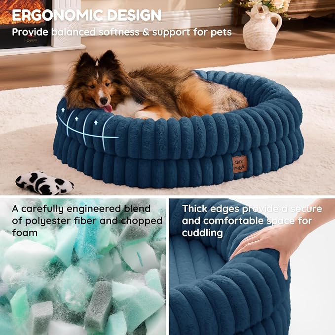 ChiXnuggle Orthopedic Dog Bed for Medium Dogs, Waterproof Faux Rabbit Fur Dog Couch with Egg Crate Foam Support and Washable Removable Cover, Bolster Pet Sofa with Non-Slip Bottom, 30x24x7, Navy