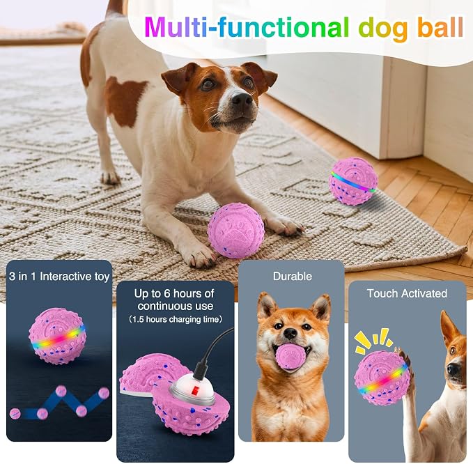 Interactive Dog Toys, Waterproof Smart Dog Ball, Rechargeable Moving Bouncing Dogs Ball with RGB Lights, 3 in 1 Play Modes Keeps Dogs Busy, E-TPU Material for Small Medium Dogs