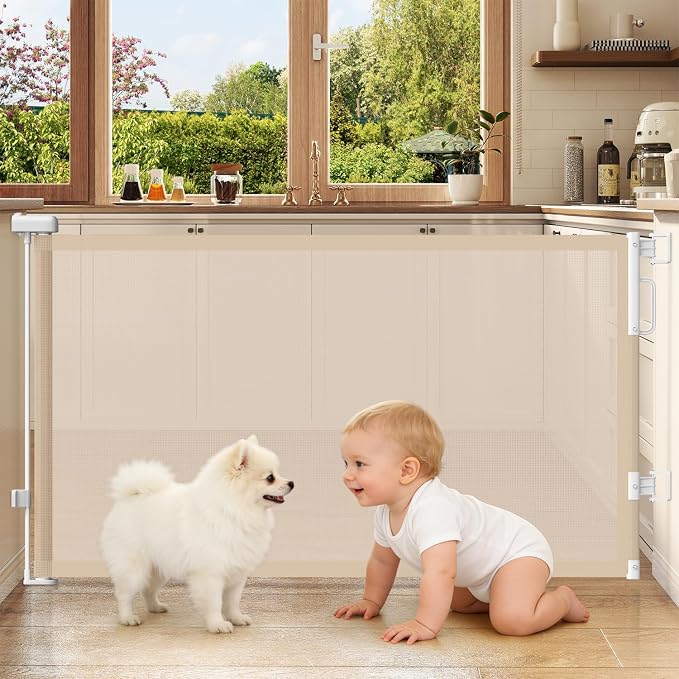 Retractable Baby Gates for Doorways, 58" Extra Wide Mesh Child Dog Gate for Stairs, 34" Tall Toddler Pet Gate Indoor and Outdoor, Easy Install, Home Necessity, Beige