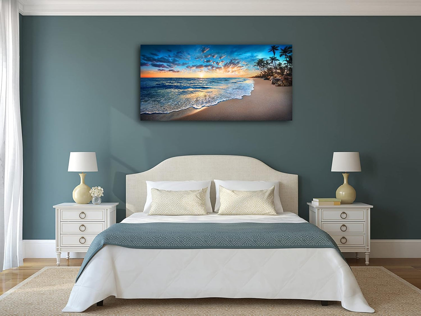 Jiuqinghua Canvas Prints Wall Art Blue Beach Ocean Landscape Paintings 1 panel Sunset Sea Waves Wall Decor Pictures Stretched and Framed for Living Room Bedroom and Office Decor Artwork 30x60inch