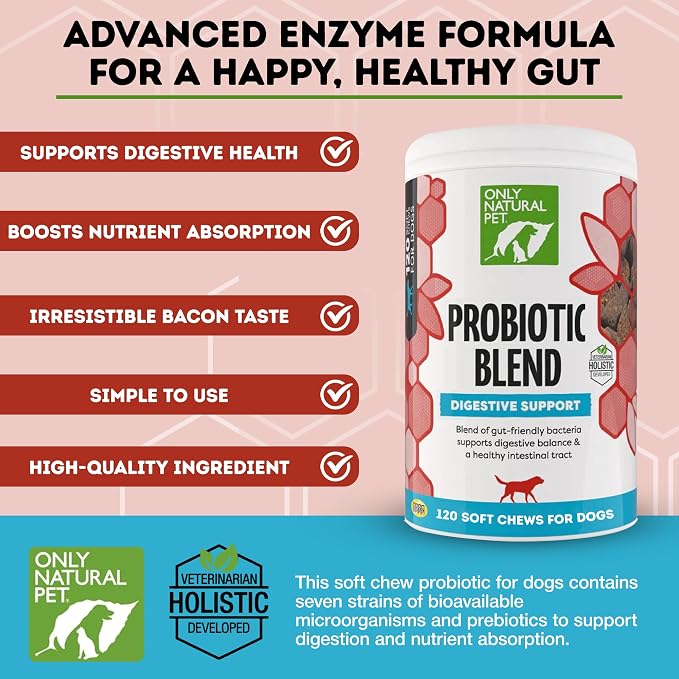Only Natural Pet Probiotic Dog and Cat Supplement - Digestive & Gut Health Enzyme Formula, Puppy & Canine Digestive Chews, Best for Stomach Relief & Gas Aid - Soft Chews, 120 Count.