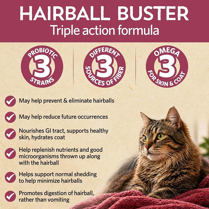 Hairball Buster Powder for Cats, Cat Hairball Treatment with Probiotics, Fiber & Omega 3, Digestive Support, Smoked Fish Flavor, 2 Billion CFU, 30 Servings