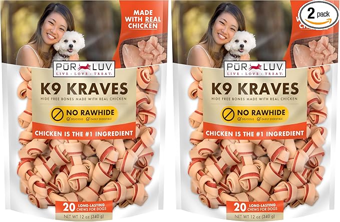 Pur Luv K9 Kraves Rawhide Free Bone Dog Treats, Chicken Flavor, Made with Real Chicken and Limited Ingredients, Healthy, Easily Digestible, Long Lasting, and High Protein Dog Treat, 20 Count