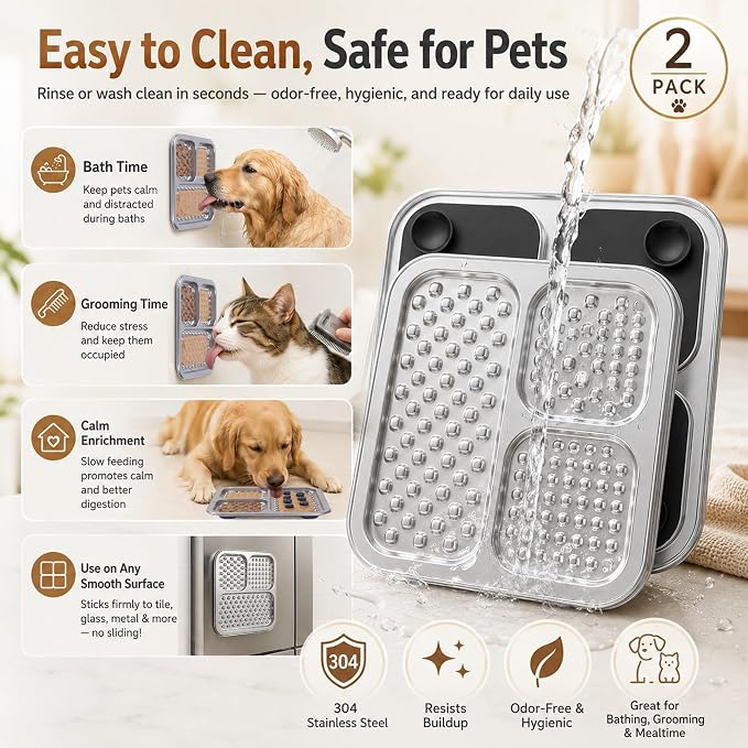 2 Pack - Stainless Steel Lick Mat for Dogs & Cats, Large Non-Slip Slow Feeder Pad with Suction Cups, Chew-Proof Dog Licking Mat for Anxiety Relief, Bathing & Grooming Time