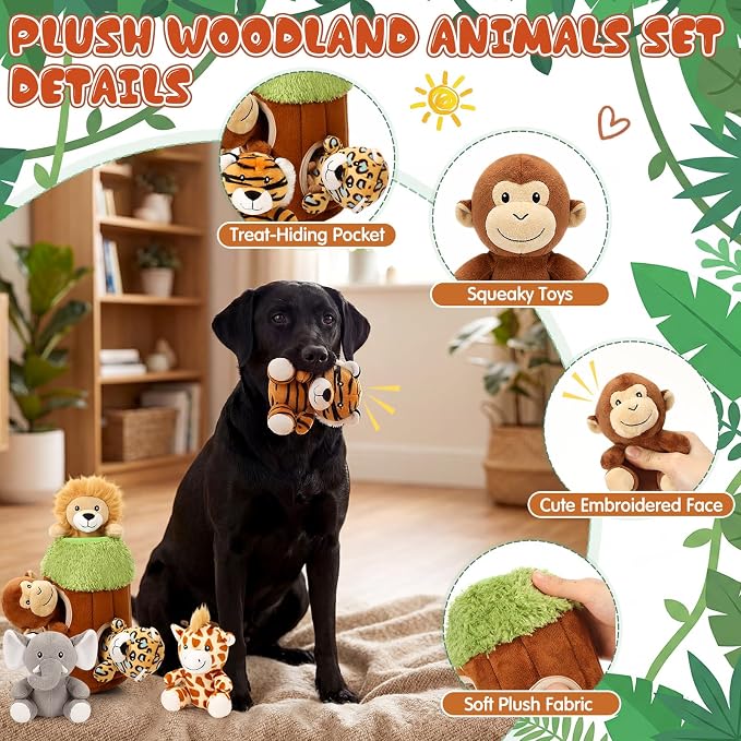 Skylety 7 Pieces Hide and Seek Dog Toys Activity Puppy Chew Squeaky Toys Plush Stuffing Burrow Woodland Stuffing with Squeakers for Small Medium Pets Dogs Puppy Gift(Lovely,Medium)