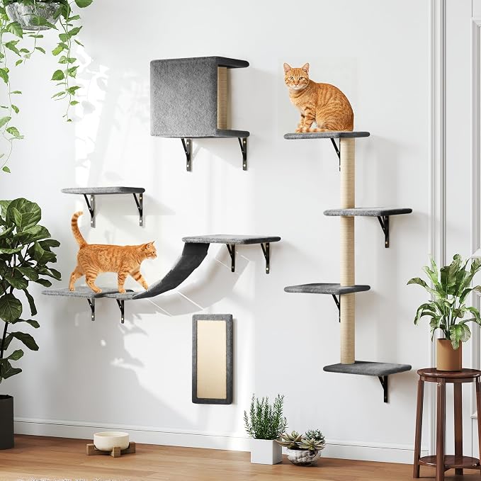 COZIWOW 5-Piece Cat Tree Set with Wall Mounted Cat Shelves, Cat Scratching Post & Cat Wall Furniture, Multi-Functional Indoor Cat Jungle Gym, Essential for Cat Room, Suitable for Large Cats(Grey)