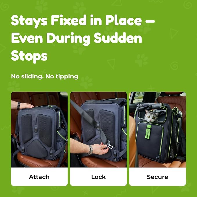 Premium Expandable Cat Carrier Backpack with Car Seat Belt Safety System – Rigid Frame Pet Carrier Backpack for Cats & Small Dogs up to 25 lbs – Breathable, Durable – Includes Bottle & Feeding Bowl