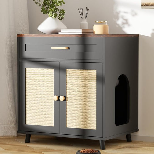 Cat Litter Box Enclosure Litter Box Furniture Hidden with Scratching Board Doors and Drawer Wooden Washroom Cat House Table Nightstand Indoor Box Cabinet,Black