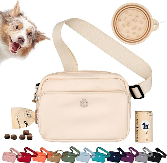 Puppington 3-in-1 Crossbody Dog Walking Bag & Treat Pouch for Pet Training - Matching Compostable Poop Bags, Built-In Poop Bag Dispenser & Slow-Feeding Travel Bowl (Vanilla Cream)