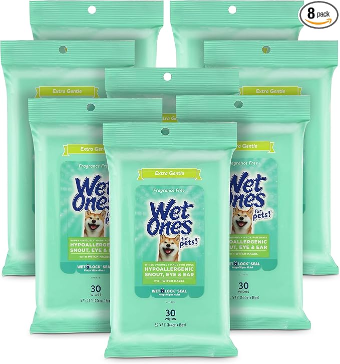 Wet Ones for Pets Extra Gentle Dog Wipes with Witch Hazel - Fragrance-Free, Hypoallergenic Pet Grooming Wipes for Snout, Eye, and Ear Areas, Sensitive Skin, 30 Count - 8 Pack